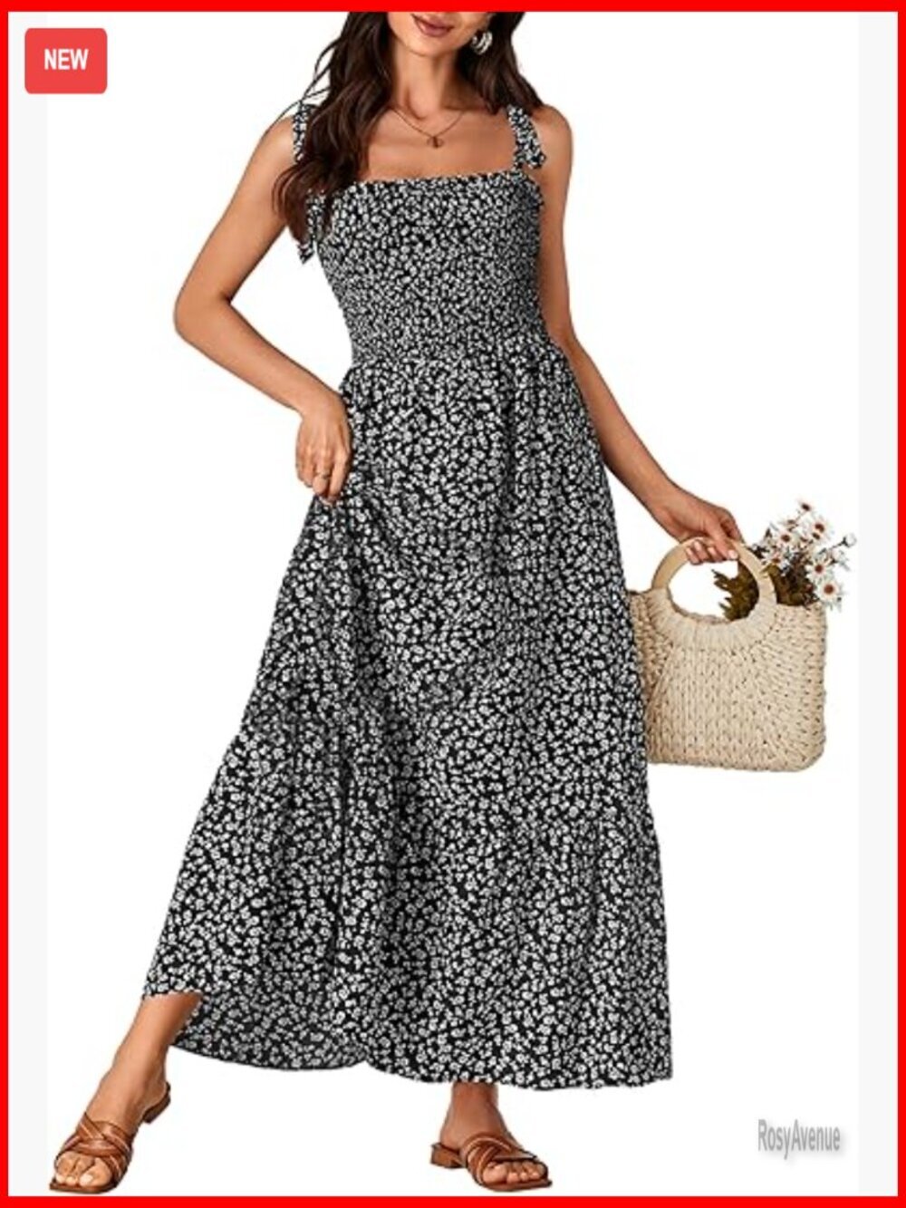 Women's Maxi Sundress Square Neck Smocked Bodice Ruffle A-Line